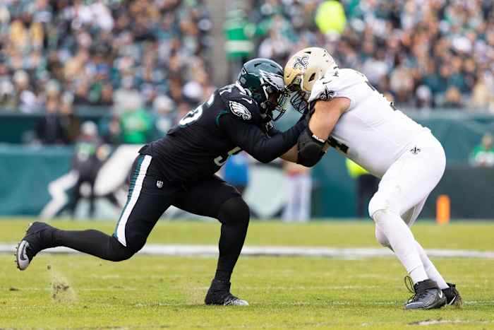 Nov 21, 2021; Philadelphia Eagles defensive end Derek Barnett (96) blocked by New Orleans Saints guard James Hurst (74). Mandatory Credit: Bill Streicher-USA TODAY Sports